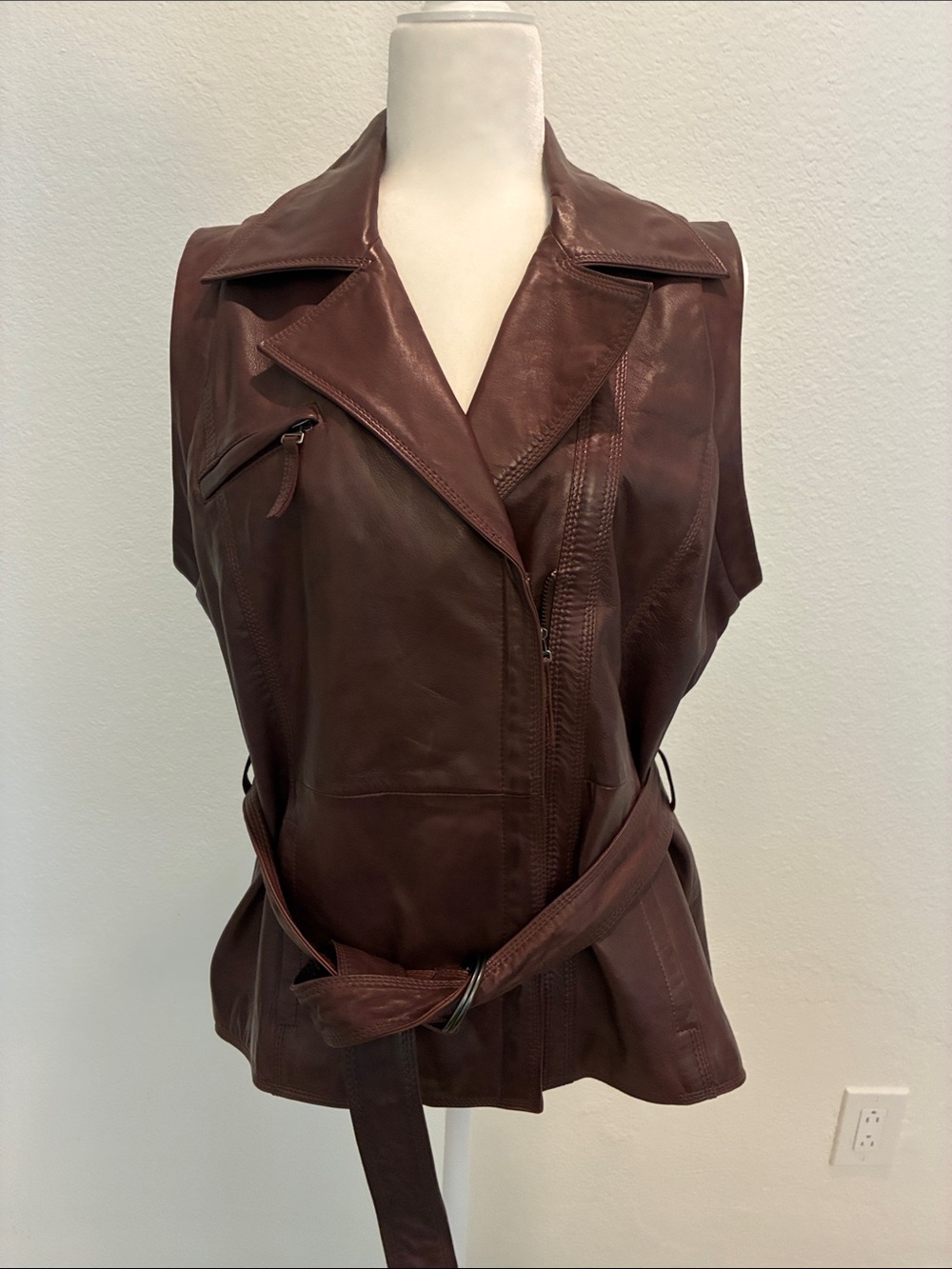 Tahari Women's Brown Leather Belted Vest Jacket